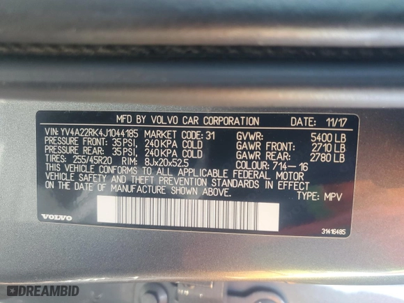 2018 Volvo XC60 Momentum with VIN YV4A22RK4J1044185, listed as a Copart auction lot 45956905 with 74,682 mi miles and Salvage Title. Bid and sale history available at carsss.com. Image 13.