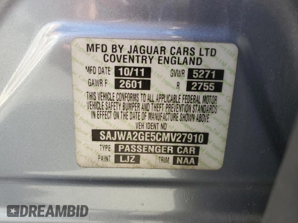 2012 Jaguar XJ Supercharged with VIN SAJWA2GE5CMV27910, listed as a Copart auction lot 51577355 with Not provided miles and Clean title. Bid and sale history available at DreamBid. Image 13.
