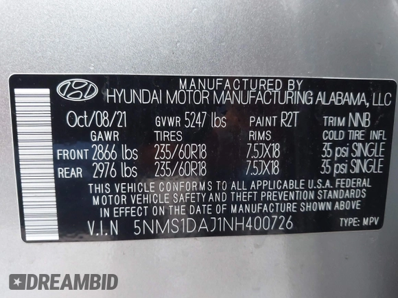 2022 Hyundai Santa Fe SE with VIN 5NMS1DAJ1NH400726, listed as a IAAI auction lot 41680232 with 21,188 mi miles and . Bid and sale history available at DreamBid. Image 9.