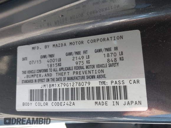 2016 Mazda Mazda3 i Grand Touring with VIN JM1BM1X79G1278079, listed as a IAAI auction lot 42010729 with 104,797 mi miles. Bid and sale history available at carsss.com. Image 9.
