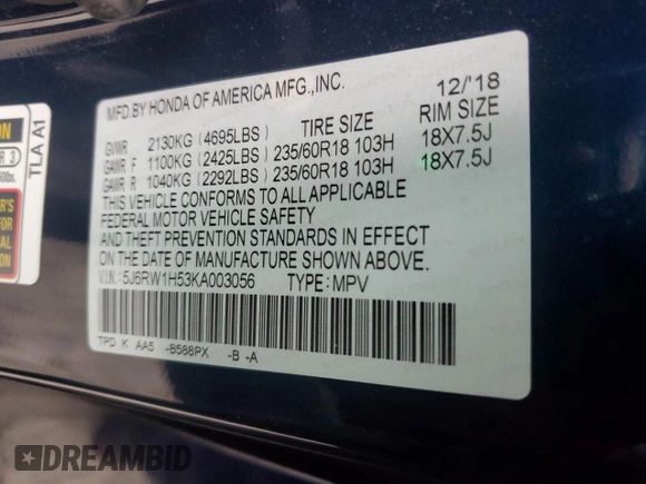 2019 Honda CR-V EX with VIN 5J6RW1H53KA003056, listed as a Copart auction lot 50590105 with 49,607 mi miles and Salvage Title. Bid and sale history available at carsss.com. Image 13.