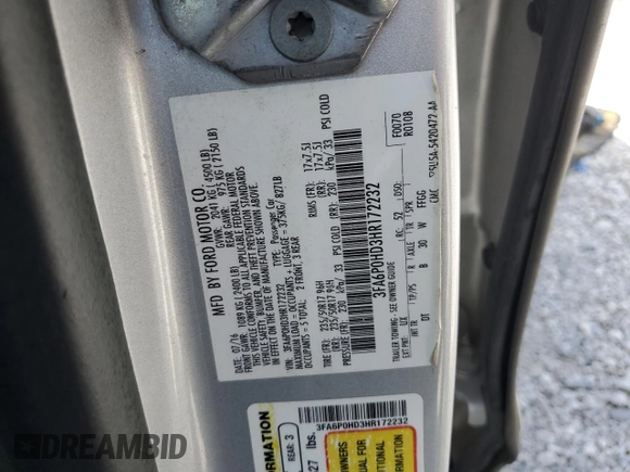 2017 Ford Fusion SE with VIN 3FA6P0HD3HR172232, listed as a Copart auction lot 63113185 with 157,920 mi miles and Clean title. Bid and sale history available at DreamBid. Image 12.
