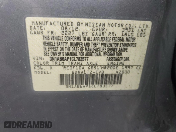 2012 Nissan Sentra 2.0 with VIN 3N1AB6AP1CL783577, listed as a Copart auction lot 57779435 with 195,103 mi miles and Salvage title. Bid and sale history available at DreamBid. Image 13.