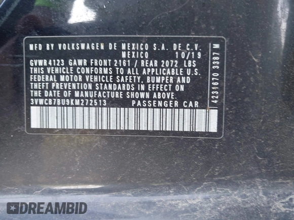 2019 Volkswagen Jetta S с VIN 3VWCB7BU9KM272513, выставлен на аукционе IAAI как лот 42503506 с пробегом 67 938 миль миль и . История ставок и продаж доступна на DreamBid. Изображение 9.