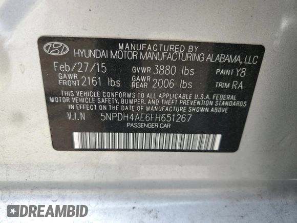2015 Hyundai Elantra SE with VIN 5NPDH4AE6FH651267, listed as a Copart auction lot 54193205 with 111,874 mi miles and Salvage Title. Bid and sale history available at DreamBid. Image 12.