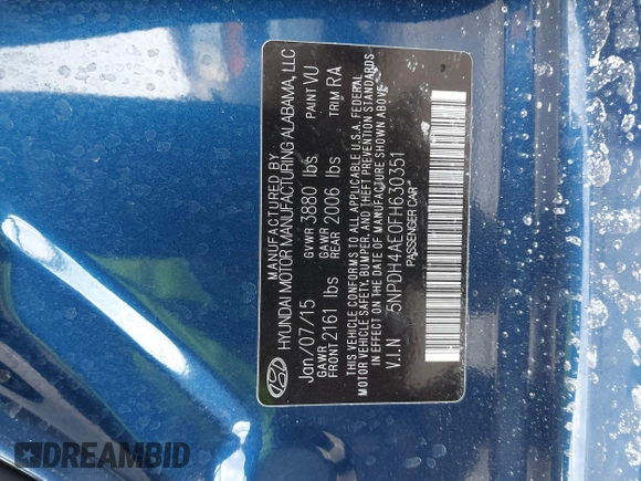 2015 Hyundai Elantra SE z VIN 5NPDH4AE0FH630351, wystawiony jako IAAI lot #41405235 z przebiegiem 122 199 mil mil oraz . Historia ofert i sprzedaży dostępna na DreamBid. Obrazek 9.