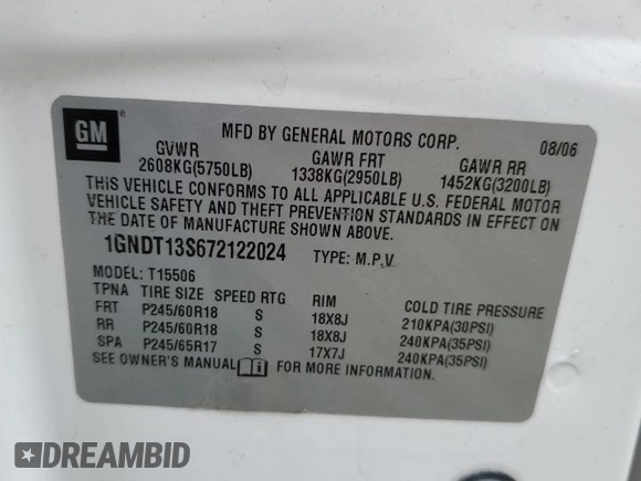 2007 Chevrolet TrailBlazer LS with VIN 1GNDT13S672122024, listed as a Copart auction lot 53678085 with 203,456 mi miles and Salvage Title. Bid and sale history available at DreamBid. Image 13.