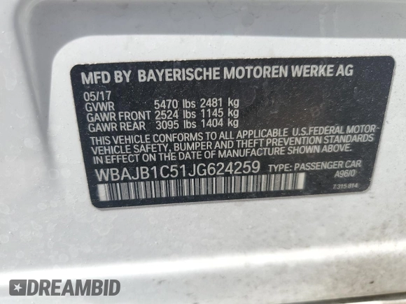 2018 BMW 5 Series 530e xDrive with VIN WBAJB1C51JG624259, listed as a Copart auction lot 57161285 with 133,463 mi miles and Clean title. Bid and sale history available at DreamBid. Image 12.