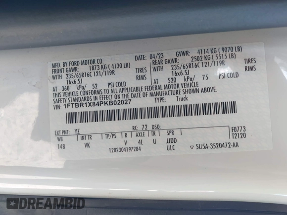2023 Ford Transit Cargo with VIN 1FTBR1X84PKB02027, listed as a IAAI auction lot 42062820 with 79,813 mi miles and . Bid and sale history available at DreamBid. Image 9.