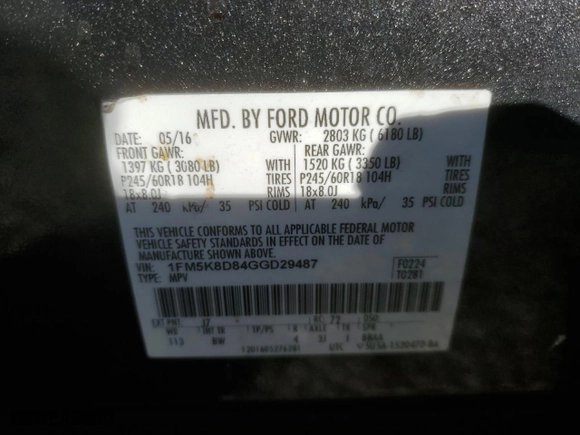 2016 Ford Explorer XLT with VIN 1FM5K8D84GGD29487, listed as a Copart auction lot 48382185 with 116,883 mi miles and Salvage Title. Bid and sale history available at carsss.com. Image 16.