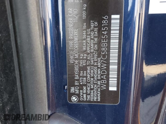 2011 BMW 3 Series 328i with VIN WBADW7C58BE545186, listed as a Copart auction lot 59203465 with 87,198 mi miles and Clean title. Bid and sale history available at DreamBid. Image 12.