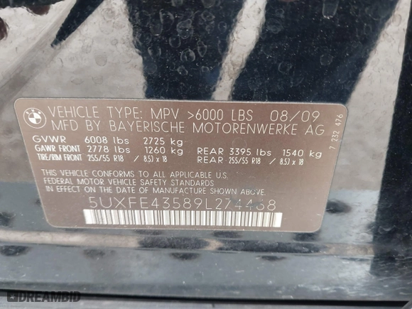2009 BMW X5 30i with VIN 5UXFE43589L274468, listed as a IAAI auction lot 41557852 with 1 mi miles. Bid and sale history available at carsss.com. Image 9.