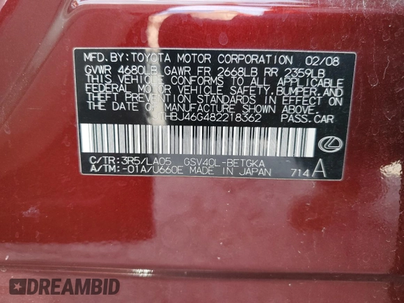 2008 Lexus ES with VIN JTHBJ46G482218362, listed as a Copart auction lot 48533745 with 80,114 mi miles and Salvage Title. Bid and sale history available at carsss.com. Image 13.
