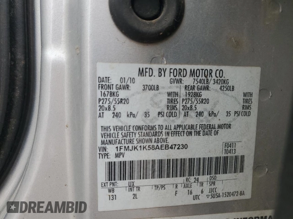 2010 Ford Expedition Max Limited with VIN 1FMJK1K58AEB47230, listed as a Copart auction lot 84806914 with 236,294 mi miles and Salvage Title. Bid and sale history available at DreamBid. Image 15.