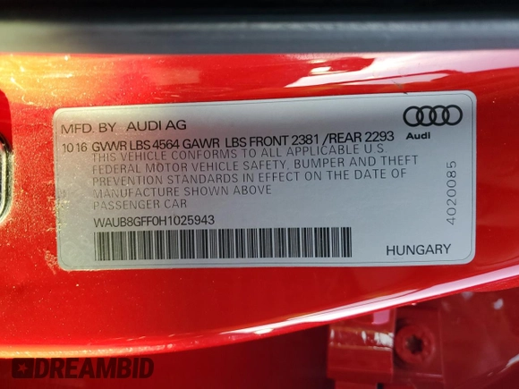 2017 Audi A3 Sedan Premium with VIN WAUB8GFF0H1025943, listed as a Copart auction lot 77510593 with 66,485 mi miles. Bid and sale history available at carsss.com. Image 12.