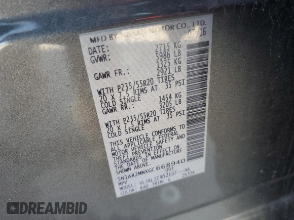 2016 Nissan Pathfinder S with VIN 5N1AR2MNXGC668940, listed as a Copart auction lot 42417765 with 152,616 mi miles and Salvage title. Bid and sale history available at DreamBid. Image 13.