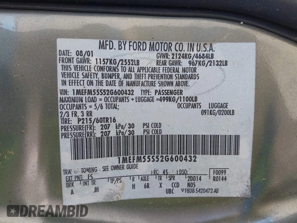 2002 Mercury Sable LS Premium with VIN 1MEFM55S52G600432, listed as a IAAI auction lot 41724753 with 139,184 mi miles and . Bid and sale history available at DreamBid. Image 9.