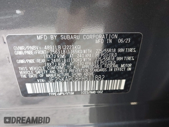 2023 Subaru Forester Limited with VIN JF2SKAPC8PH511882, listed as a IAAI auction lot 42781302 with 22,450 mi miles and . Bid and sale history available at DreamBid. Image 9.