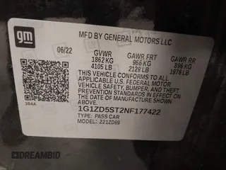 2022 Chevrolet Malibu LT with VIN 1G1ZD5ST2NF177422, listed as a IAAI auction lot 42084474 with 52,667 mi miles and . Bid and sale history available at DreamBid. Image 9.