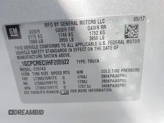 2017 Chevrolet Silverado 1500 LT with VIN 1GCPCREC9HF205922, listed as a IAAI auction lot 41420860 with Not Provided miles and . Bid and sale history available at DreamBid. Image 9.