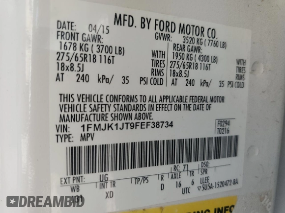 2015 Ford Expedition Max XLT with VIN 1FMJK1JT9FEF38734, listed as a Copart auction lot 62610365 with 154,764 mi miles and Salvage title. Bid and sale history available at DreamBid. Image 14.