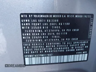 2023 Volkswagen Tiguan SE with VIN 3VVMB7AX7PM017807, listed as a IAAI auction lot 41422055 with 23,974 mi miles and . Bid and sale history available at DreamBid. Image 9.