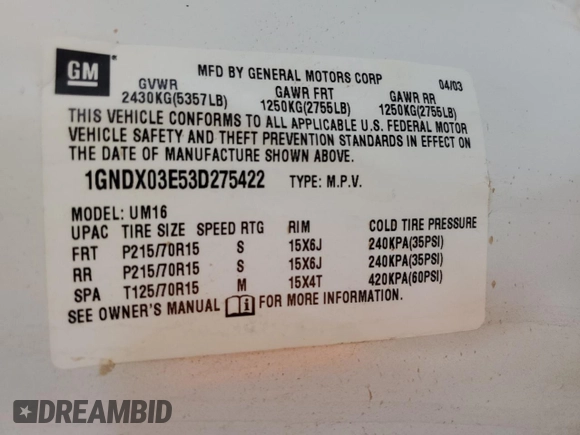 2003 Chevrolet Venture 1SA z VIN 1GNDX03E53D275422, wystawiony jako Copart lot #63432244 z przebiegiem 21 591 mil mil oraz Szkody całkowita. Historia ofert i sprzedaży dostępna na DreamBid. Obrazek 13.