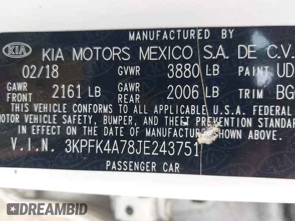 2018 Kia Forte LX with VIN 3KPFK4A78JE243751, listed as a IAAI auction lot 41907111 with 101,729 mi miles. Bid and sale history available at carsss.com. Image 9.