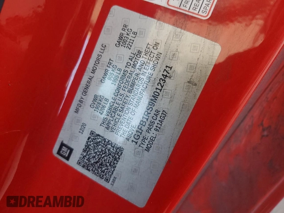 2021 Chevrolet Camaro 1LT with VIN 1G1FB1RS9M0123471, listed as a Copart auction lot 56180435 with 24,703 mi miles and Salvage title. Bid and sale history available at DreamBid. Image 12.