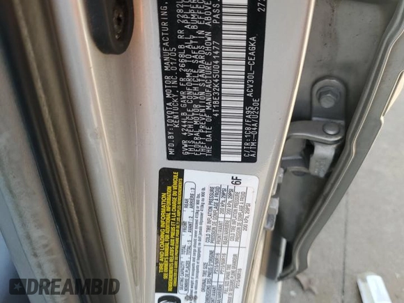 2005 Toyota Camry STD с VIN 4T1BE32K45U041477, выставлен на аукционе Copart как лот 57129635 с пробегом 216 497 миль миль и Списание • Salvage title. История ставок и продаж доступна на DreamBid. Изображение 12.