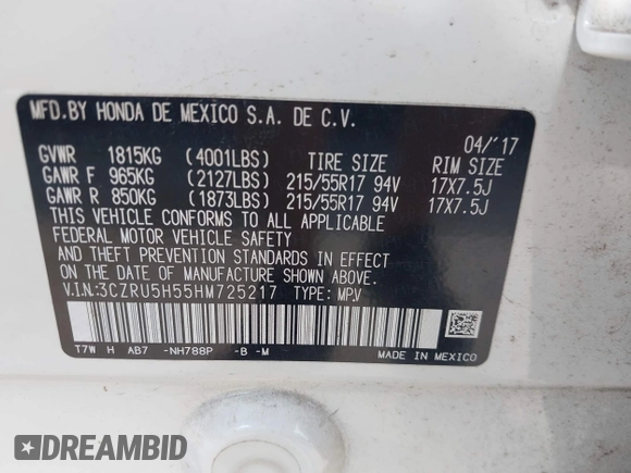 2017 Honda HR-V EX with VIN 3CZRU5H55HM725217, listed as a IAAI auction lot 42018861 with 60,980 mi miles. Bid and sale history available at carsss.com. Image 9.