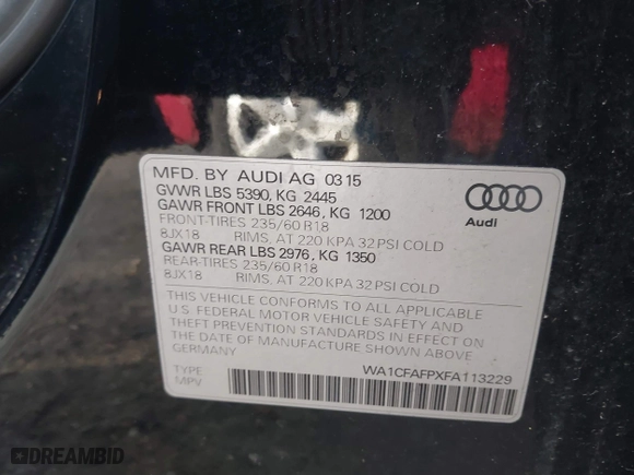 2015 Audi Q5 Premium with VIN WA1CFAFPXFA113229, listed as a IAAI auction lot 41805623 with 111,455 mi miles. Bid and sale history available at carsss.com. Image 9.