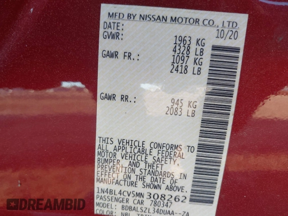 2021 Nissan Altima 2.5 SR with VIN 1N4BL4CV5MN308262, listed as a IAAI auction lot 41803971 with 1 mi miles. Bid and sale history available at carsss.com. Image 9.