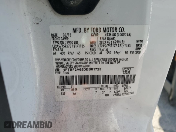 2013 Ford F-250 XL with VIN 1FTBF2A65DEB81725, listed as a Copart auction lot 88944575 with 70,620 mi miles and Clean Title. Bid and sale history available at DreamBid. Image 13.