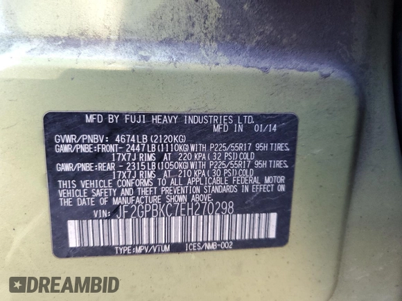 2014 Subaru Crosstrek Touring с VIN JF2GPBKC7EH270298, выставлен на аукционе Copart как лот 43306375 с пробегом 246 423 миль миль и Списание • Salvage title. История ставок и продаж доступна на DreamBid. Изображение 14.
