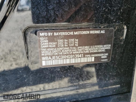 2017 BMW 5 Series 540i with VIN WBAJE5C3XHG913941, listed as a Copart auction lot 46063745 with 125,212 mi miles and Salvage Title. Bid and sale history available at carsss.com. Image 14.