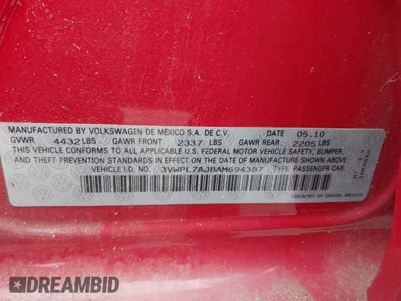 2010 Volkswagen Jetta TDI z VIN 3VWPL7AJ8AM694387, wystawiony jako IAAI lot #41955057 z przebiegiem 222 994 mil mil oraz . Historia ofert i sprzedaży dostępna na DreamBid. Obrazek 9.