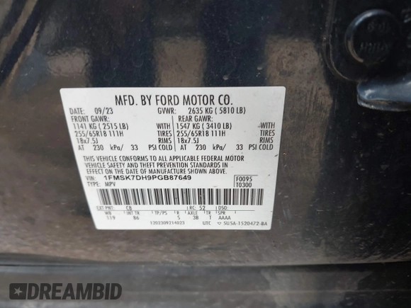 2023 Ford Explorer XLT with VIN 1FMSK7DH9PGB87649, listed as a IAAI auction lot 42271454 with 26,860 mi miles and . Bid and sale history available at DreamBid. Image 9.