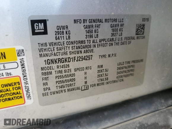 2015 Chevrolet Traverse LT with VIN 1GNKRGKD1FJ294297, listed as a Copart auction lot 58191755 with Not provided miles and Salvage title. Bid and sale history available at DreamBid. Image 13.