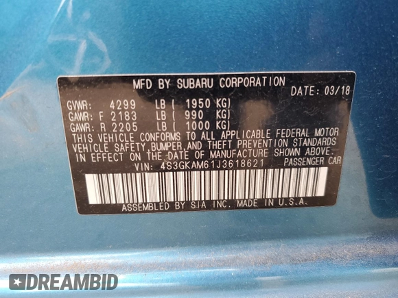 2018 Subaru Impreza Special Sports z VIN 4S3GKAM61J3618621, wystawiony jako Copart lot #50636275 z przebiegiem 54 285 mil mil oraz Szkoda całkowita • Salvage title. Historia ofert i sprzedaży dostępna na DreamBid. Obrazek 13.