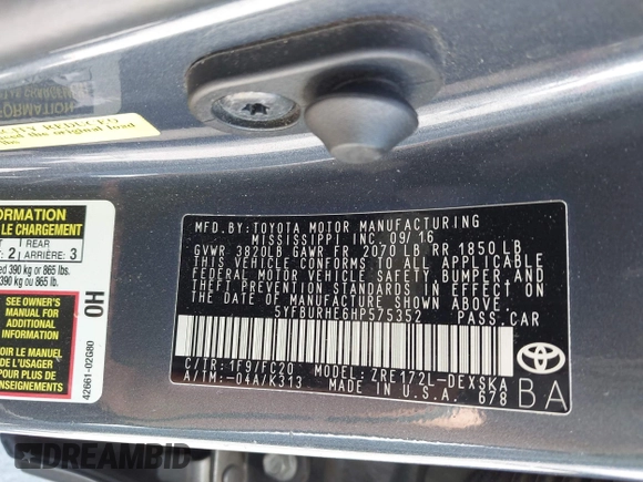 2017 Toyota Corolla L with VIN 5YFBURHE6HP575352, listed as a IAAI auction lot 42417810 with 248,626 mi miles and . Bid and sale history available at DreamBid. Image 9.