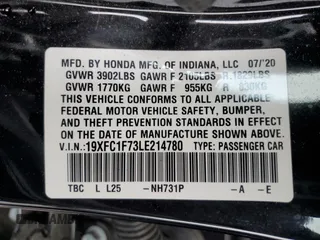 2020 Honda Civic Sedan EX-L with VIN 19XFC1F73LE214780, listed as a Copart auction lot 51252205 with Not Provided miles and Salvage Title. Bid and sale history available at carsss.com. Image 13.