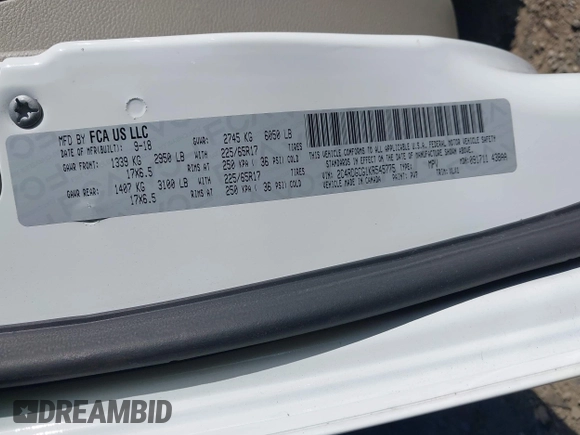 2019 Dodge Grand Caravan SXT with VIN 2C4RDGCG1KR545775, listed as a IAAI auction lot 42061287 with 131,603 mi miles and . Bid and sale history available at DreamBid. Image 9.