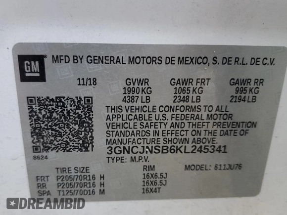2019 Chevrolet Trax LS with VIN 3GNCJNSB6KL245341, listed as a Copart auction lot 85442734 with 85,000 mi miles and Salvage Title. Bid and sale history available at carsss.com. Image 14.