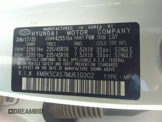 2021 Hyundai Kona Ultimate with VIN KM8K5CA57MU610302, listed as a IAAI auction lot 36878990 with 5,985 mi miles. Bid and sale history available at carsss.com. Image 9.