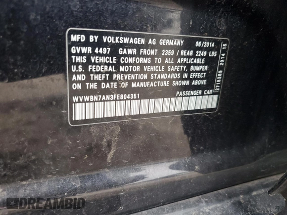 2015 Volkswagen CC Sport with VIN WVWBN7AN3FE804351, listed as a Copart auction lot 88203205 with 148,571 mi miles and Salvage Title. Bid and sale history available at DreamBid. Image 14.