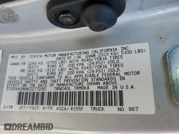 2006 Toyota Tacoma with VIN 5TEPX42N96Z277295, listed as a Copart auction lot 83117724 with 166,129 mi miles and Salvage Title. Bid and sale history available at carsss.com. Image 12.