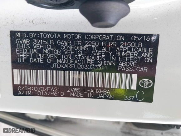2016 Toyota Prius Four with VIN JTDKARFU2G3023311, listed as a IAAI auction lot 41625483 with 114,334 mi miles. Bid and sale history available at carsss.com. Image 9.