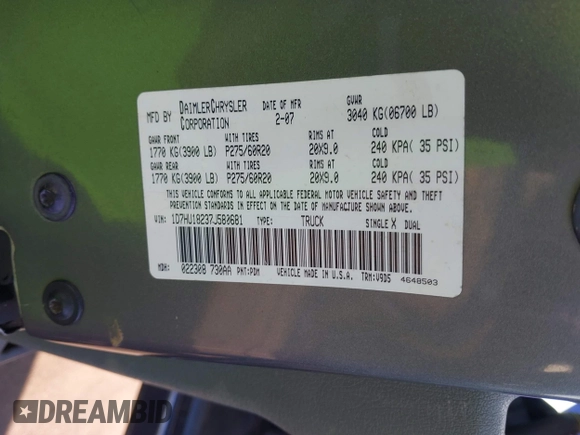 2007 Dodge 1500 SLT with VIN 1D7HU18237J580681, listed as a IAAI auction lot 42054665 with 264,010 mi miles. Bid and sale history available at carsss.com. Image 9.