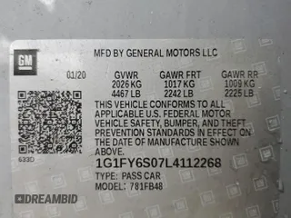 2020 Chevrolet Bolt EV LT with VIN 1G1FY6S07L4112268, listed as a Copart auction lot 40060623 with 34,578 mi miles. Bid and sale history available at carsss.com. Image 12.